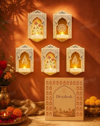 Image of Divyakosh Item for Home Decoration Jharokha Diya Set Jharokha for Wall Decor|Pack of 10 Festive Hanging Tea Light Holders with Golden Inserts & Detachable Tray, Wall Decoration item's for Living room
