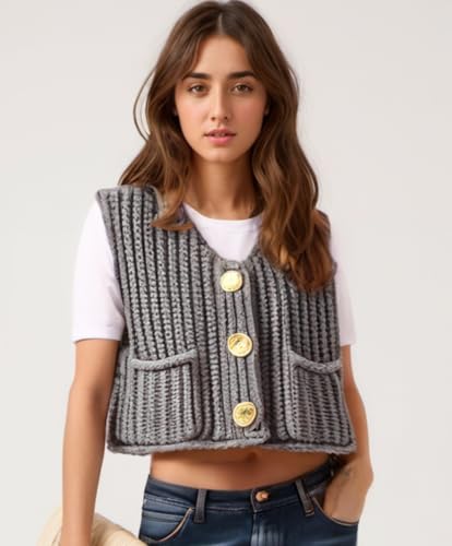 Image of Women's Sleeveless Chunky Knit Cardigan V-Neck Button Down Vest Casual Loose-Fitted Crochet Sweater with Pockets 2024