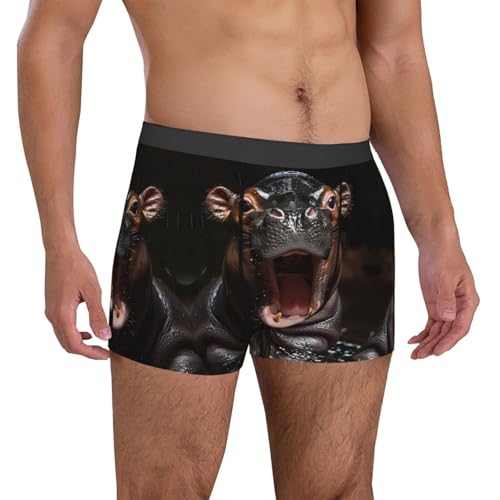 Mens Underwear Boxer Briefs - Playful Baby Hippo Splash Breathable Men's Boxer Briefs with Flex Waistband