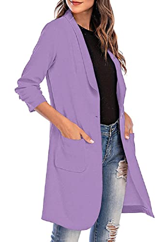 Grlasen Women's Casual Long Blazers Ruched 3/4 Sleeve Lapel Oversized Suit Jacket Elegant Work Office Blazer Jackets3