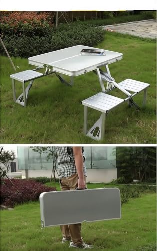 Image of Portable Folding Picnic Table with Umbrella, Heavy Duty Aluminium Camping Table Set with 4 Seats, Foldable Suitcase Outdoor Table for Picnic, Garden, Beach, BBQ & Travel