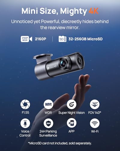 Image of 70mai M310 Plus 4K Dash Cam Front with Night Vision, 140 Wide Angle Dash Camera for Cars, WiFi Dashcam with App, Parking Mode, G-Sensor, Loop Recording, Voice Control, Easy Install Car Camera