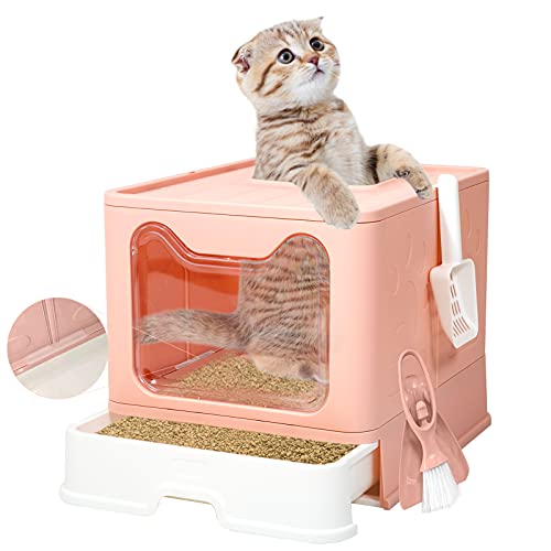 Q-Hillstar Large Top Entry Cat Litter Box with Lid, Foldable Cat Litter Box with Scoop, Extra Large Cat Litter Box Covered, Anti-Splashing Enclosed Cat Toilet Box (Pink)