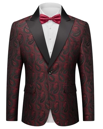 YND Mens Floral Suit Blazer, Slim Fit Paisley Tuxedo Jacket, Shawl Lapel with Bow Tie for Prom, Dinner, Wedding, Party