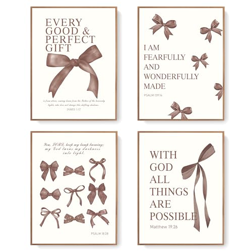 Image of LARTSFRO Coquette Brown Bow Wall Art Decor Posters, Chocolate Brown Bow Room Bedroom Bathroom Dorm Wall Art Decor Aesthetic for College Teen Girls Gifts, Inspirational Bible Verses Bow Wall Decor, 12x16 Inch Set of 4 Pcs Bow Pictures (UNFRAMED)