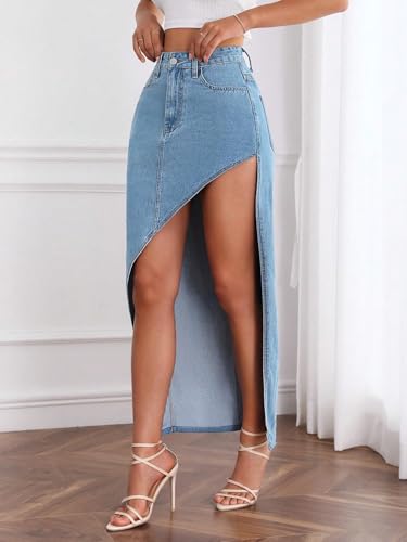 MakeMeChic Women's Denim Maxi Skirt Asymmetrical Split Hem Zip Up Y2K Jean Maxi Skirts4