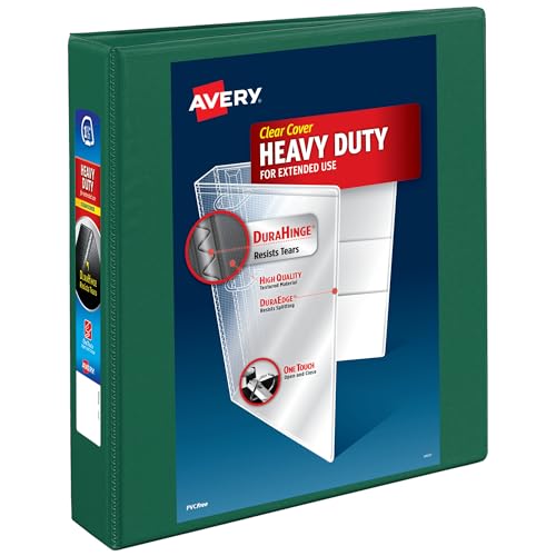 Avery Heavy-Duty View 3 Ring Binder, 1.5 Inch One Touch EZD Rings, 400-Sheet Capacity, 2.1 Inch Wide Spine, Customizable Clear Cover and Spine, 1 Green Binder (79108)