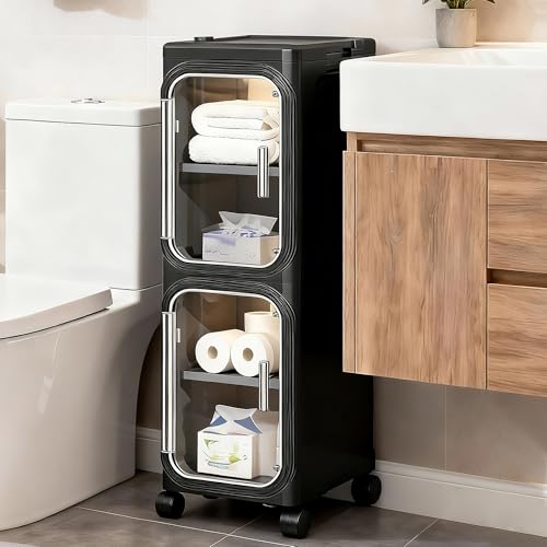 Image of 2-Tier Narrow Slim Bathroom Storage Cabinet with Wheels, Black | Tool Free Assembly, Adjustable Shelves, Fits for Narrow Spaces, Reinforced Stability, Magnetic Clear Door