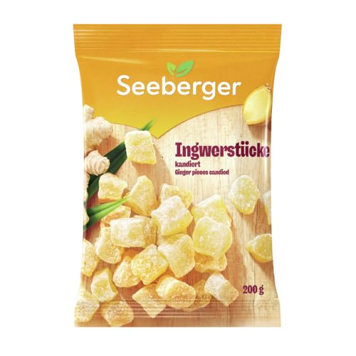 Seeberger Ingwerstücke kandiert: Scharfherbe Würfel der goldgelben Ingwerwurzel süß kandiert - zum Snacken, Dekorieren oder als Backzutat - vegan (1 x 200 g)