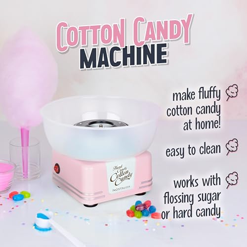 Image of Nostalgia Countertop Cotton Candy Machine - Use Normal or Sugar-Free Candy or Flossing Sugar - Includes 2 Reusable Cones and Measuring Scoop - Pink