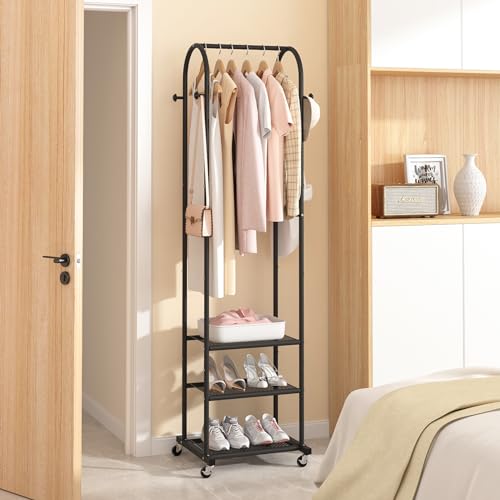 Kaitiemoo Heavy Duty Clothing Rack with Wheels,Modern Garment Rack with 3 Metal Shelves, 71.8Inches Display Rack for Hanging Clothes, Hanging Rod for Small Space,Black