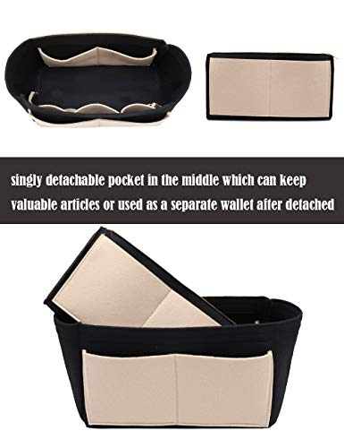 LEXSION Felt Purse Bag Organizer Insert with zipper Bag Tote Shaper Fit Speedy Neverful PM MM 8021 Black-beige M - Thumbnail 2
