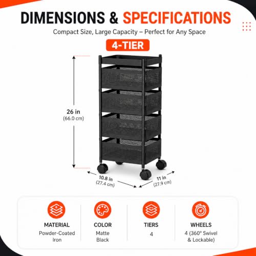 Image of Homeor 4 Layer Kitchen Trolley with Wheels | 360 Rotating Metal Storage Rack for Vegetables, Fruits, Onion & Spices | Square Multipurpose Kitchen Organizer Stand | Metal Kitchen Trolley, Matte Black