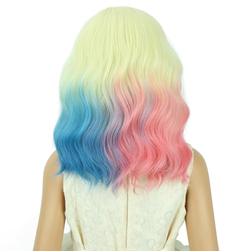 Image of PATTNIUM Blonde Ombre Pink Blue Wig Short Pink Blue Wigs Side Part Shoulder Length Wavy Heat Resistant Synthetic Wig