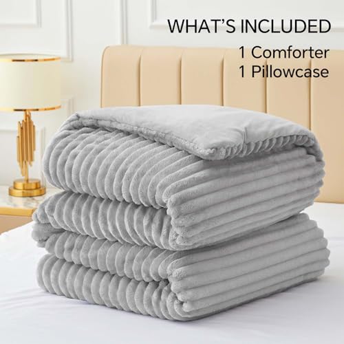 Image of BEDELITE Fleece Twin Comforter Set -Super Soft & Warm Fluffy Light Grey Bedding, Luxury Fuzzy Heavy Bed Set for All Season with 1 Pillow case
