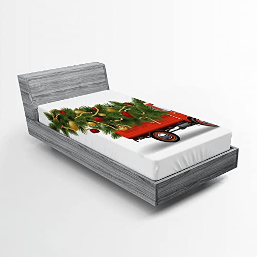 Ambesonne Christmas 2 Pack Fitted Sheet, Xmas Truck and Tree, Bed Cover All-Round Elastic Deep Pockets 2 Pieces, Package Contains 2 Twin Size Fitted Sheets, White Red Green