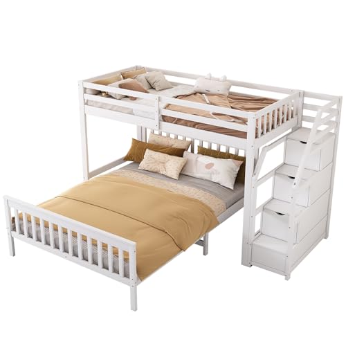 Azkoeesy Cama alta 90 x 200 cm con cama doble móvil de 140 x 200 cm, litera multifuncional para niños y adultos, con escalera y espacio de almacenamiento, protección anticaídas, color blanco