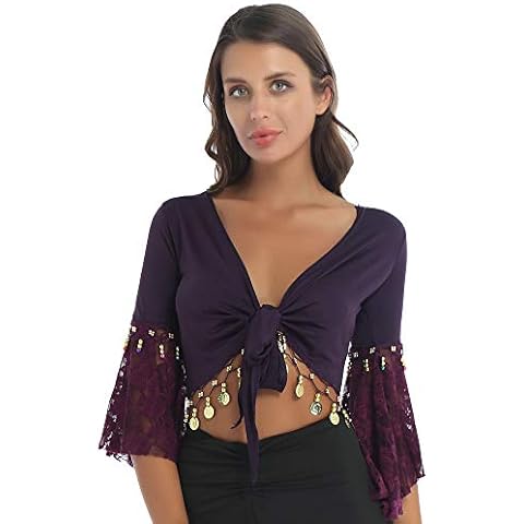 Jowowha Women's Shiny Bead Tassel Belly Dance Costume Lace 3/4 Flared Sleeve V Neck Tie Knot Bandage Shawl Crop Top Dark Purple 3XL Cover
