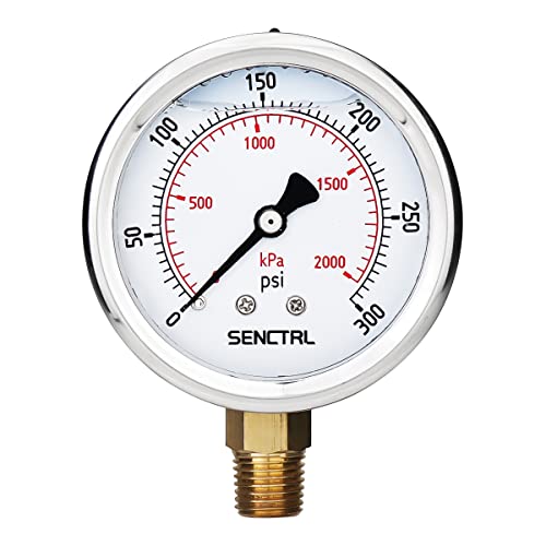 SENCTRL 0-300 Psi Glycerin Liquid Filled Pressure Gauge, 2.5" Dial Size, 1/4" NPT Lower Mount, Stainless Steel Case, for Air Gas Water Oil Hydraulic Pressure Test