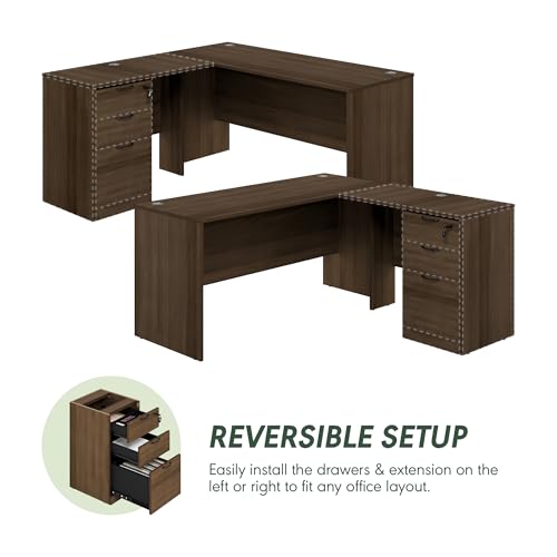 Image of Furinno Roger 60 Inch L-Shaped Executive Desk with File Cabinet, L-Shaped Office Desk with 3-Drawer Fixed Pedestal Filing Cabinet, Desk Cord Grommet, for Home Office, Modern Walnut