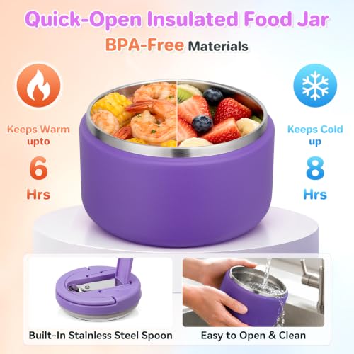 Image of Bento Lunch Box with 8oz Soup Thermo,Kids Leakproof 4 Compartment Lunch Food Containers with Sauce Cup and Ice Pack,Kids Thermo Insulated Hot Food Jar and Lunch Bag for School,Trvael-Purple