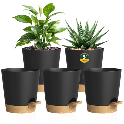Homeuouz 12 cm Self Watering Pots, 5 Pack Plastic Flower Pots with Drainage Holes and Saucer, Indoor plant pots for Herbs and All House Plants, Black With Brown reservoir