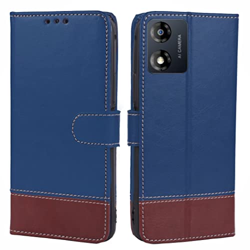 Image of Flip Back Cover Case Dual-Color Leather Finish Inbuilt Stand & Pockets Wallet Style Flip Case for Motorola Moto E13 - Blue & Brown