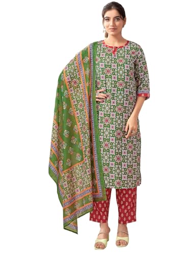 Sanisa Women's Rayon Blend Geometric Printed Straight Kurta With Pant And Dupatta Set (179Kbd1915N-M_Green & Red & Yellow & And Multi)
