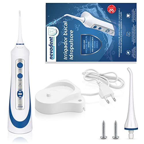 Nevadent Irrigador Bucal Profesional, Aspersor dental portátil, 3 modos, Boquilla de repuesto, Base de carga, Precisión en las zonas delicadas, Ideal para viajes, Azul y Blanco (IAN375150-2104)