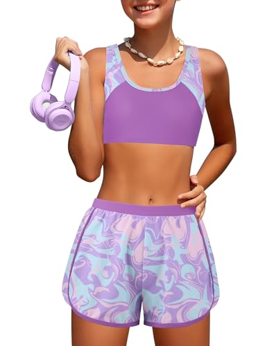 Girls Swimsuit, 3 Piece Swimsuit Tropical Print Color Block Bikini Bathing Suit with Shorts, Size 7-16Y
