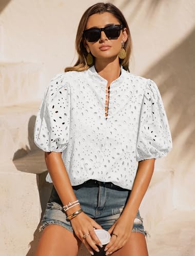 Womens Eyelet Summer Tops Lantern Short Sleeve Button V Neck Dressy Casual Blouses Hollow Out Embroidered Lace Shirts3