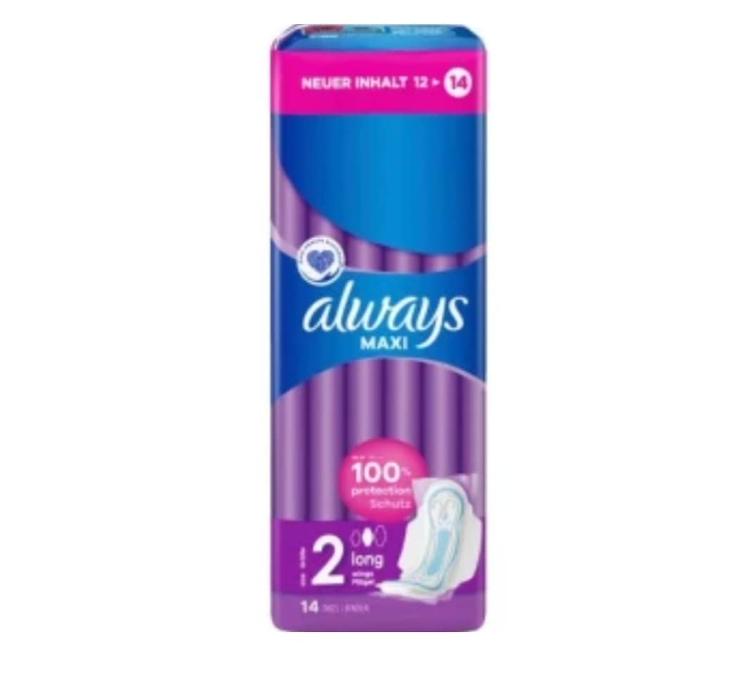 AlwaysWomen's Maxi Sanitary Pads Size 2, Long (14 Sanitary Towels with Wings), Soft and Super Absorbent, Odour-Neutralising and Leakage Protection