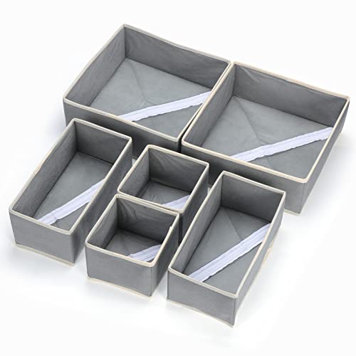 Faankiton 6 Pieces Foldable Fabric Closet Storage, Dresser Drawer Organisers, Foldable Wardrobe Storage Boxes, Divider Box with Drawers for Underwear, Bras, Socks, Ties, Scarves (Grey)