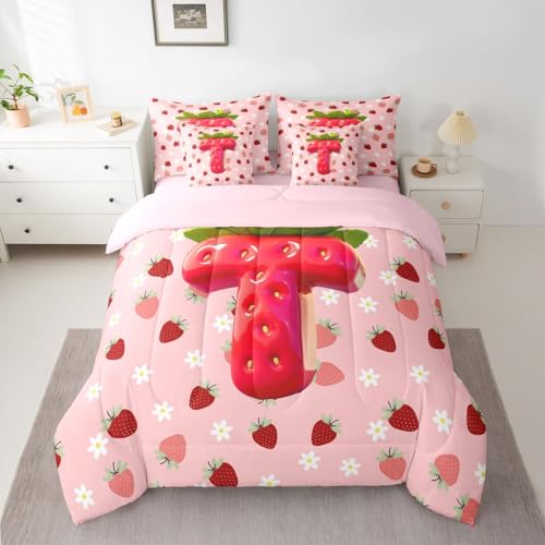 Image of Feelyou Girls Cute Strawberry Comforter Set Full Size 7 Pieces Pink Strawberry Bedding Set for Kids Boys Girls Initial Letter T Bed in a Bag with Comforter, Sheets, Pillowcases, Cushion Covers