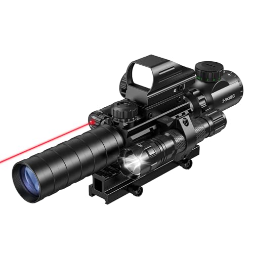 MidTen 3-9x32 5-in-1 Scope Combo with Dual Illuminated Rangefinder Reticle Scope, Laser Sight, Red Dot Sight, Flashlight with 20mm Mount, Red