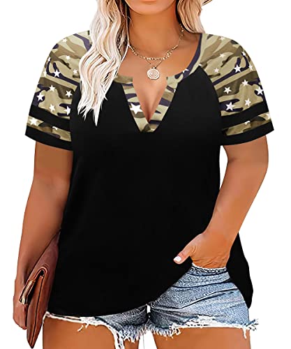Image of CARCOS Plus Size Tops for Women Short Sleeve Summer Pullover Color Block Crewneck /V Neck Tee Tunic Loose Fit Tshirts XL-5XL