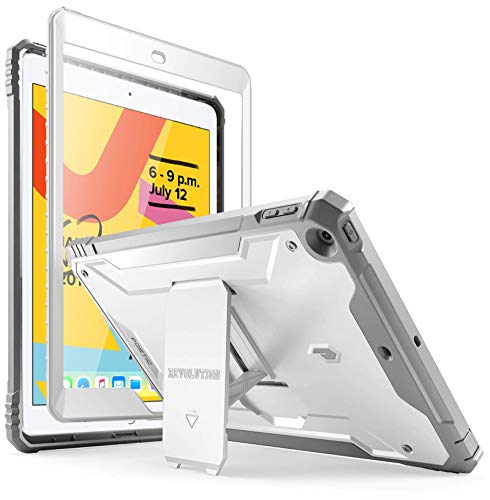 Poetic Revolution Series Case Designed for iPad 10.2 7th Generation 2019 / 8th Generation 2020 Case, Full-Body Rugged Shockproof Protective Cover with Kickstand and Built-in-Screen Protector, White