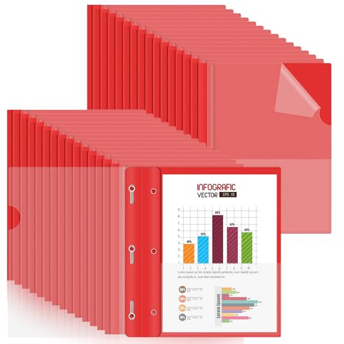 Image of HAUTOCO 30 Pack Plastic Report Covers with 3-Prong Fasteners Clear Front Presentation Folders Resume Folders for 8.5x11 Letter Size Paper, Document Report Cover for School Office Business, Red