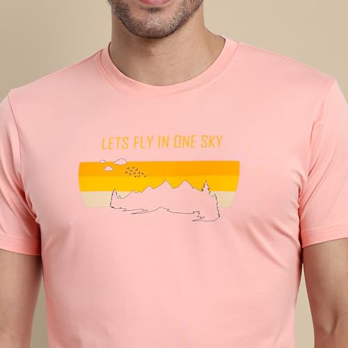 Image of ONE SKY Round Neck T Shirts for Men, Versatile Mens Wear, Mountain Print Round Neck Gents T-Shirt, Breathable, Pure Cotton Fabric, Relaxed Fit, Stylish & Durable, Easy to Care, Gift for Men