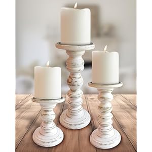 Wood Candle Holders for Pillar Candles Set of 3 Tall Large Rustic Pillar Candlestick Stands Fits Both 4 inch and 3 inch Wide Pillar Candles Modern Farmhouse Decor Antique White