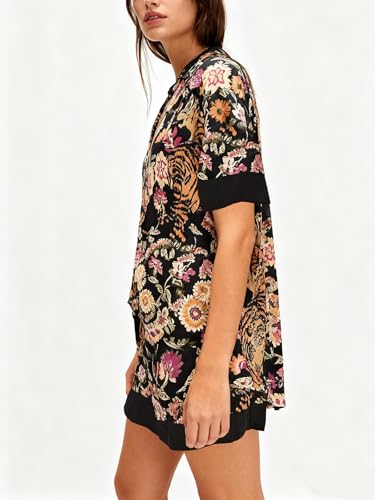 Image of Women Silk Pajamas Floral Satin 2 Piece Pajama Sets | Button Down Short Sleeve Shirt and Elastic High Waist Shorts, Vintage 2Pcs Pj Sets, Two Piece Lounge Set, Elegant Sleepwear