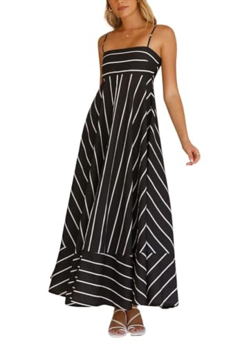 chouyatou Women's Summer Striped Spaghetti Strap Maxi Dress Boho Flowy Swing Back Smocked Beach Sundress