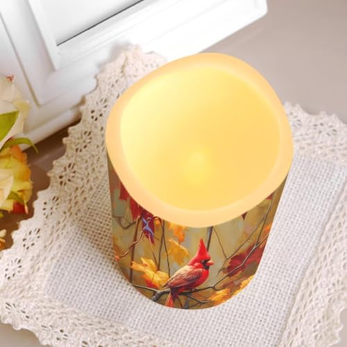 Image of Autumn Cardinal Color Changing Flameless LED Candles Set of 4 | Fall Maple, Battery Operated Fake Candles with Remote Control, Flickering Flame Home Holiday Party Centerpiece Decor