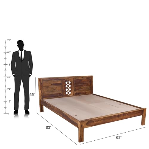 Image of EXCEL International Jiksa Design Solid Sheesham (Rose) Wood Queen Size Bed Without Storage | Wooden Double Bed | Rosewood, with Provincial Teak Finish - Elegant, Durable & Spacious