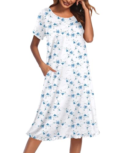 Image of Ekouaer Nightgowns for Women with Pockets Button Front Short Sleeve House Dresses Floral Print Mumu Dress