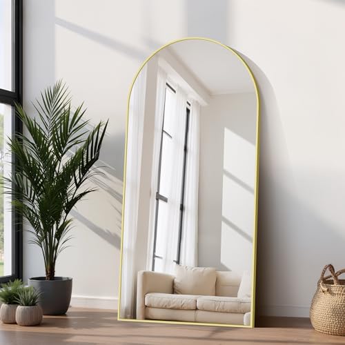 COFENY Espejo de Pie Cuerpo Entero Curvado 180 x 86 cm, Espejos Grandes de Pared con Marco de Aluminio, Espejo de Pie Inclinado o Colgante para Salón, Dormitorio, Entrada, Dorado