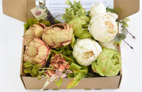 Image of FiveSeasonStuff Rustic Brown, Beige & Green Artificial Peony Bouquets, 2 Silk Flower Bundles with Hydrangeas for Wedding & Dining Table Centerpieces, Living Room & Home Decor
