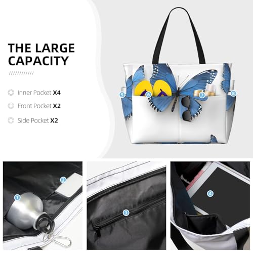 (Blue Butterfly On Blossom Flower) Large Beach Tote Bag for Women Waterproof Sandproof Travel Shoulder Bag with Pocket for Pool Vacation Weekend Gym3