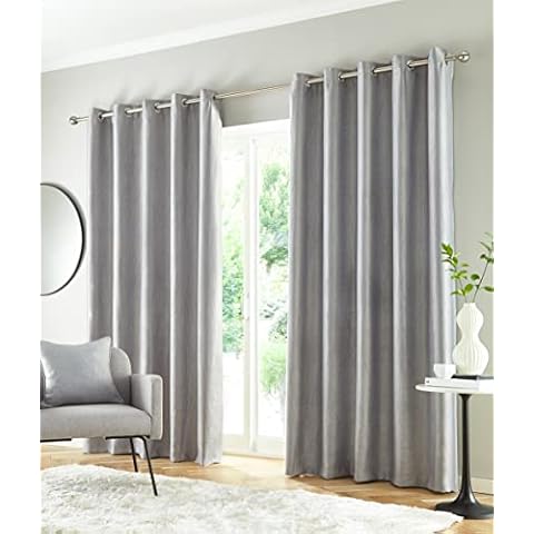 Enhanced Living Goodwood Silver Thermal Insulated, Energy Saving, Blockout/Dimout Eyelet Pair of Curtains with Horizontal Wave Pattern 66 x 90 inch (168x229cm) Cover