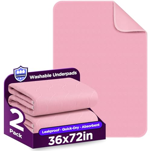 Image of Washable Bed Pads 36 inch x 72 inch - 2 Pack, Pink, Waterproof Bed Pads for Incontinence, Bed Wetting Pads for Bed, Sofa, Floor, Resuable Underpads for Adults, Seniors, Pet
